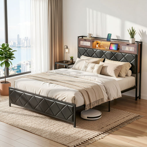 Artiss Queen Bed Frame with LED Lights and Storage Headboard Charging Station - Lucendi Home
