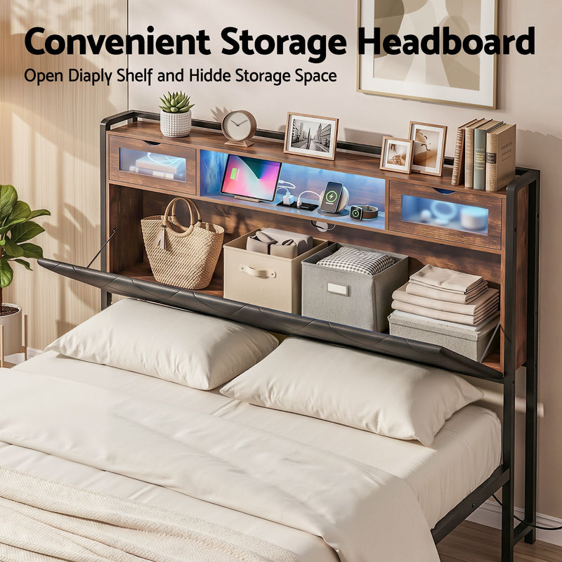 Artiss Queen Bed Frame with LED Lights and Storage Headboard Charging Station - Lucendi Home