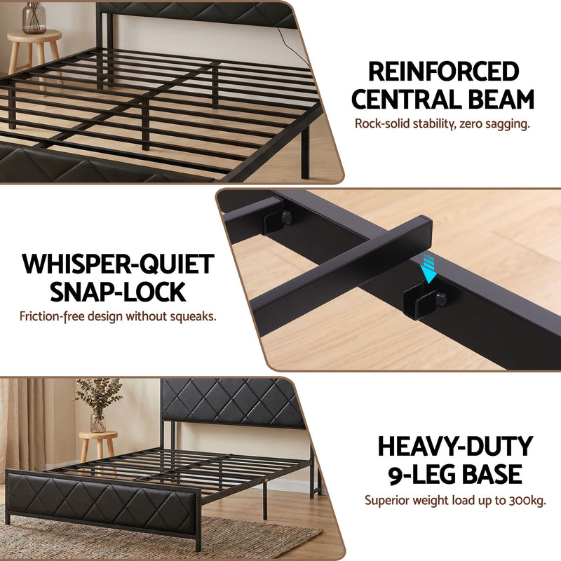 Artiss Queen Bed Frame with LED Lights and Storage Headboard Charging Station - Lucendi Home