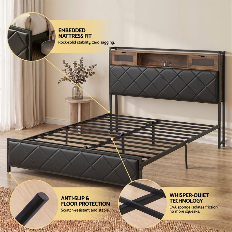 Artiss Queen Bed Frame with LED Lights and Storage Headboard Charging Station - Lucendi Home