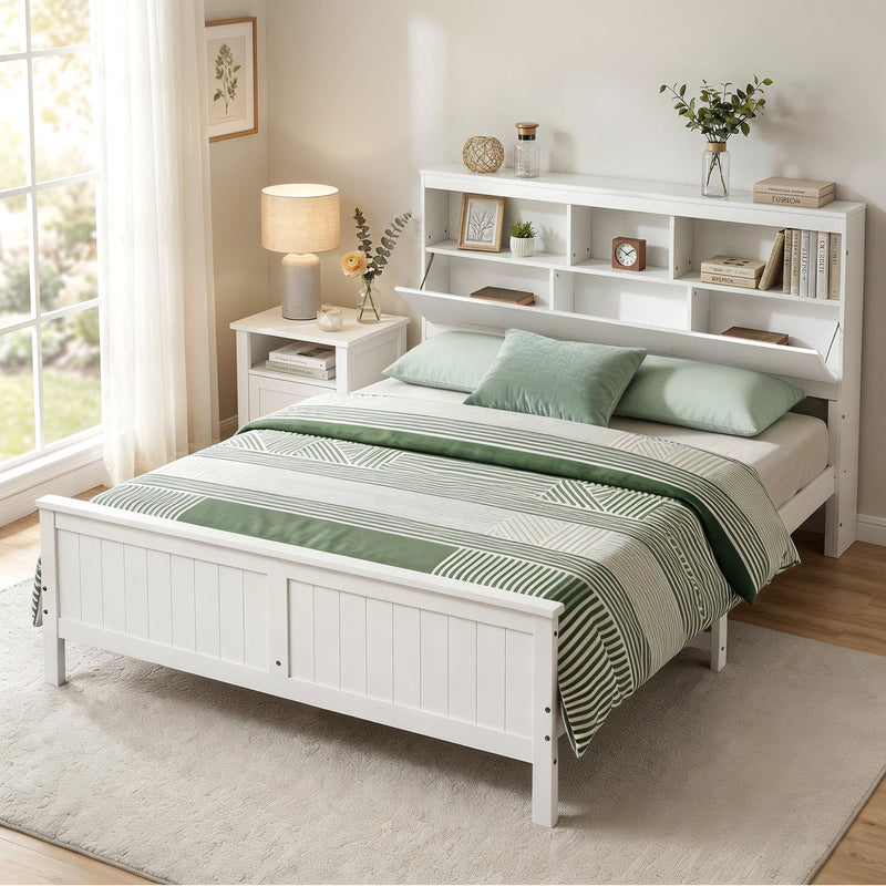 Artiss Queen Bed Frame with Storage Headboard and Footboard Wooden Bed Base White - Lucendi Home