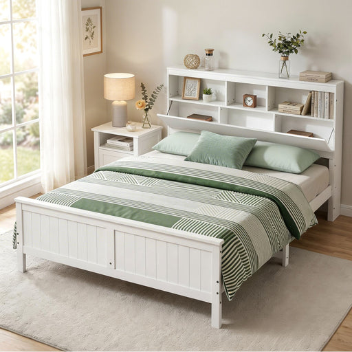 Artiss Queen Bed Frame with Storage Headboard and Footboard Wooden Bed Base White - Lucendi Home