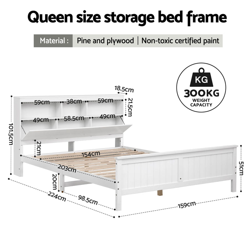 Artiss Queen Bed Frame with Storage Headboard and Footboard Wooden Bed Base White - Lucendi Home