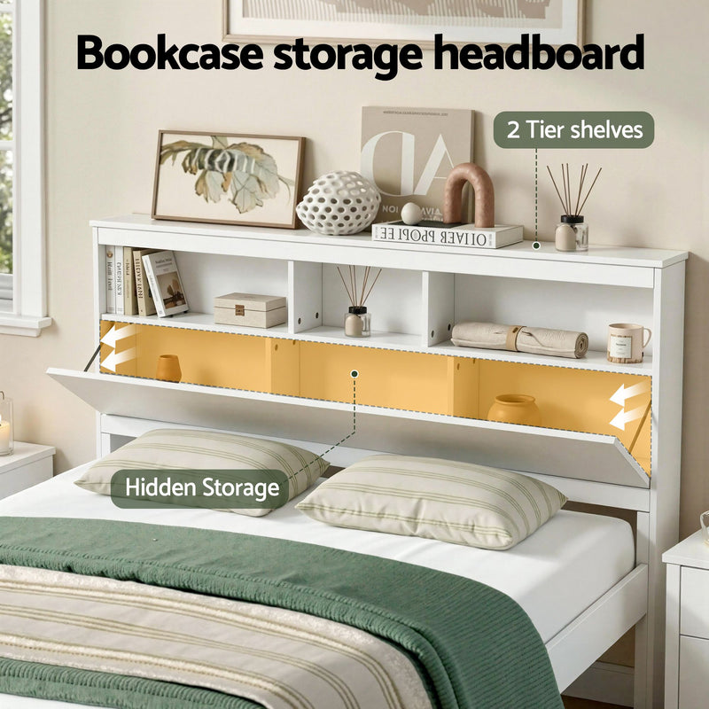 Artiss Queen Bed Frame with Storage Headboard and Footboard Wooden Bed Base White - Lucendi Home