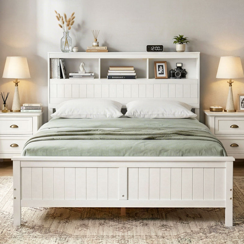 Artiss Queen Bed Frame with Storage Headboard and Footboard Wooden Bed Base White - Lucendi Home