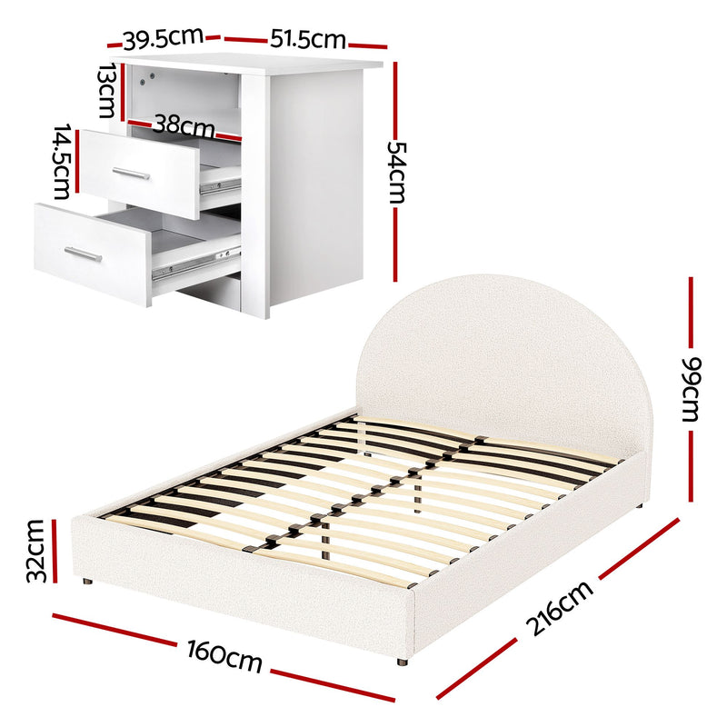 Artiss Queen Bed Frame with Storage and Bedside Table Set Boucle Fabric Gas Lift Bed Base 2-Drawer Nightstand - Lucendi Home
