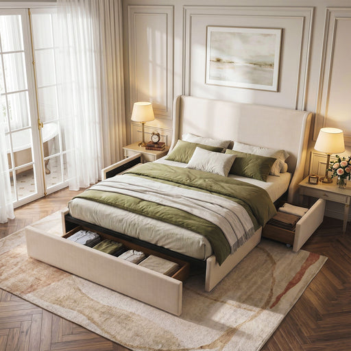 Artiss Queen Upholstered Bed Frame with 3 Storage Drawers Wingback Headboard Heavy Duty Metal Platform Base - Lucendi Home