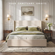 Artiss Queen Upholstered Bed Frame with 3 Storage Drawers Wingback Headboard Heavy Duty Metal Platform Base - Lucendi Home