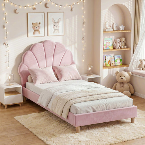 Artiss Single Bed Frame Scallop Upholstered Headboard Pink Velvet Platform Base Support up to 180kg - Lucendi Home