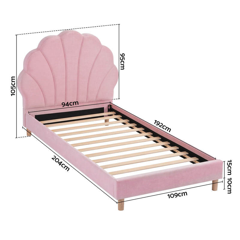 Artiss Single Bed Frame Scallop Upholstered Headboard Pink Velvet Platform Base Support up to 180kg - Lucendi Home