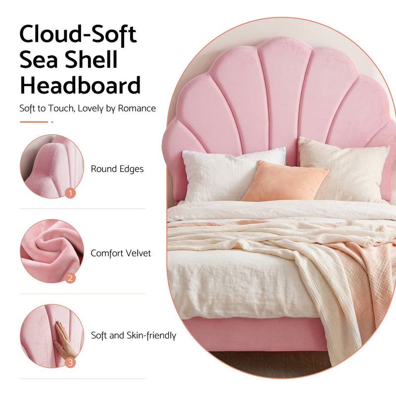 Artiss Single Bed Frame Scallop Upholstered Headboard Pink Velvet Platform Base Support up to 180kg - Lucendi Home