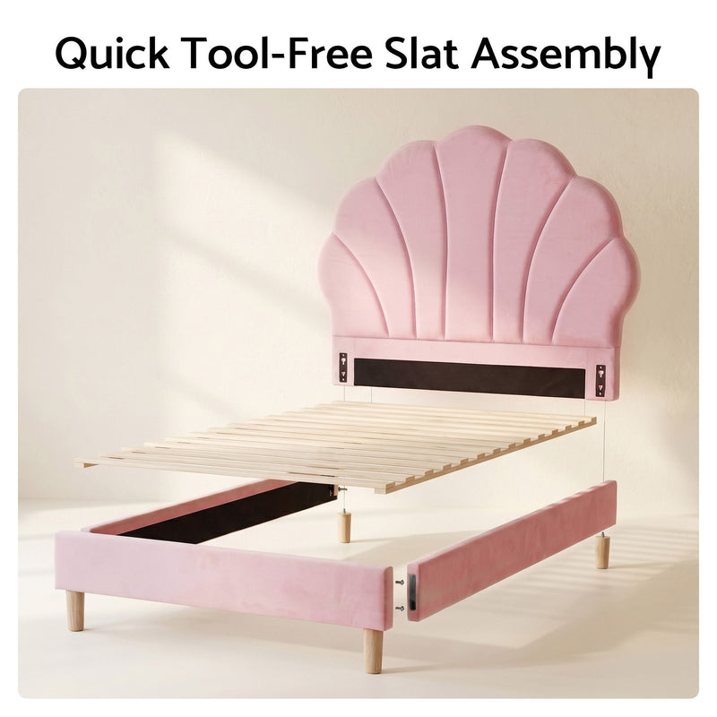 Artiss Single Bed Frame Scallop Upholstered Headboard Pink Velvet Platform Base Support up to 180kg - Lucendi Home