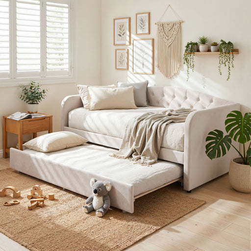 Artiss Single Daybed Velvet Trundle Bed Frame Tufted Guest Bed - Lucendi Home
