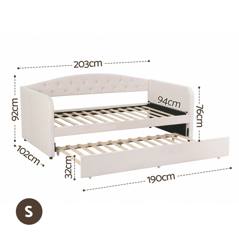 Artiss Single Daybed Velvet Trundle Bed Frame Tufted Guest Bed - Lucendi Home