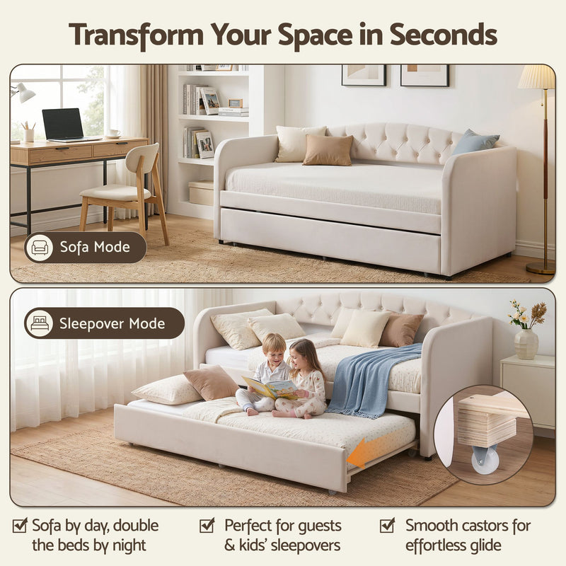 Artiss Single Daybed Velvet Trundle Bed Frame Tufted Guest Bed - Lucendi Home