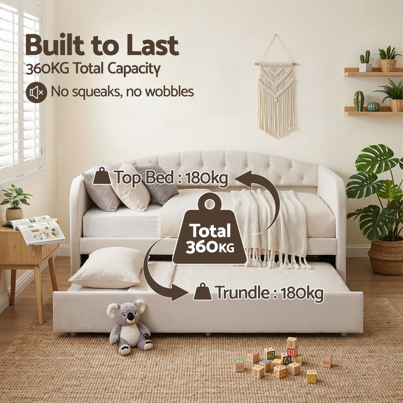 Artiss Single Daybed Velvet Trundle Bed Frame Tufted Guest Bed - Lucendi Home