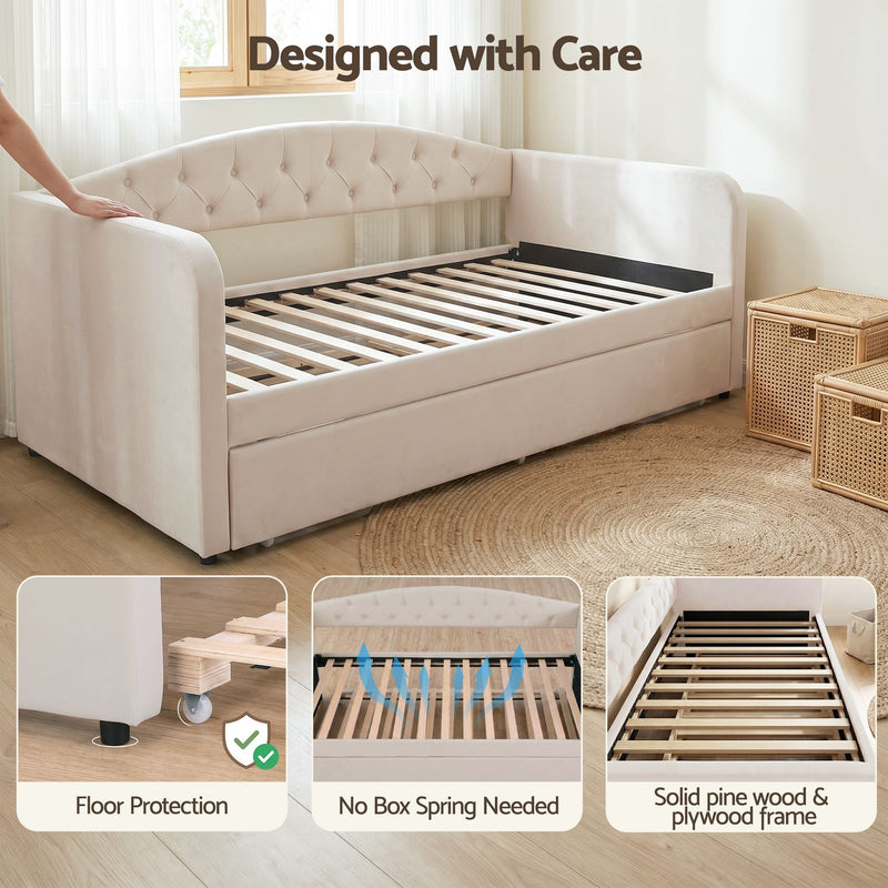 Artiss Single Daybed Velvet Trundle Bed Frame Tufted Guest Bed - Lucendi Home