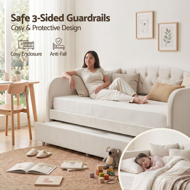 Artiss Single Daybed Velvet Trundle Bed Frame Tufted Guest Bed - Lucendi Home