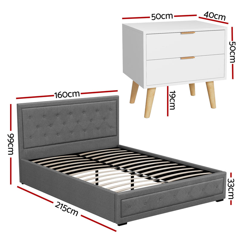 Artiss Upholstered Queen Gas Lift Storage Bed Frame with 2-Drawer Bedside Table Set - Lucendi Home