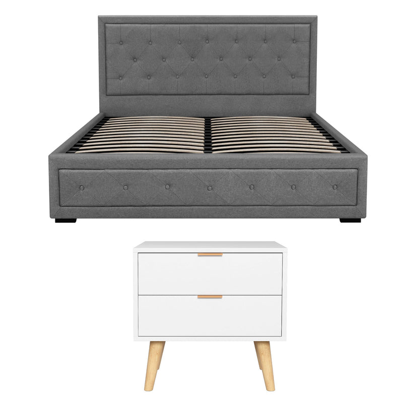 Artiss Upholstered Queen Gas Lift Storage Bed Frame with 2-Drawer Bedside Table Set - Lucendi Home