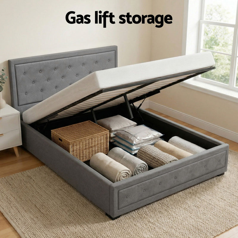 Artiss Upholstered Queen Gas Lift Storage Bed Frame with 2-Drawer Bedside Table Set - Lucendi Home