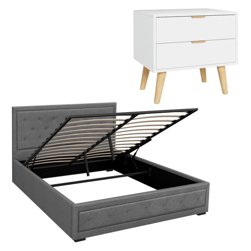 Artiss Upholstered Queen Gas Lift Storage Bed Frame with 2-Drawer Bedside Table Set - Lucendi Home
