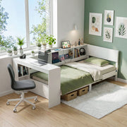 Artiss White Single Solid Wood Corner Platform Bed Frame with Built-in Desk, Storage Shelves and USB-C Charging Station for Small Spaces, Wooden Bed Base for Guest Room - Lucendi Home