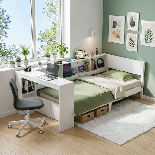 Artiss White Single Solid Wood Corner Platform Bed Frame with Built-in Desk, Storage Shelves and USB-C Charging Station for Small Spaces, Wooden Bed Base for Guest Room - Lucendi Home
