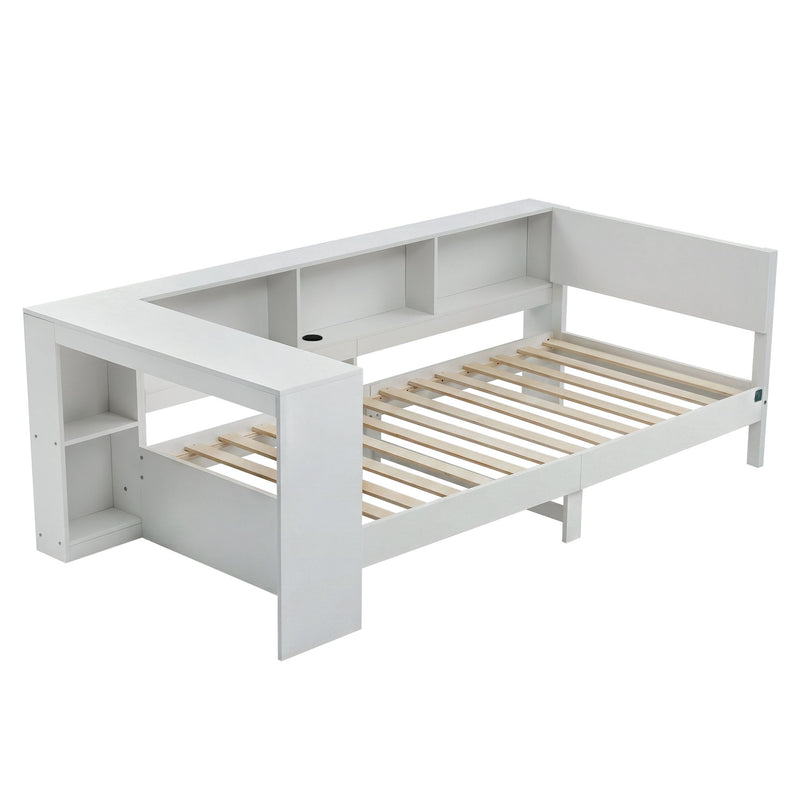 Artiss White Single Solid Wood Corner Platform Bed Frame with Built-in Desk, Storage Shelves and USB-C Charging Station for Small Spaces, Wooden Bed Base for Guest Room - Lucendi Home