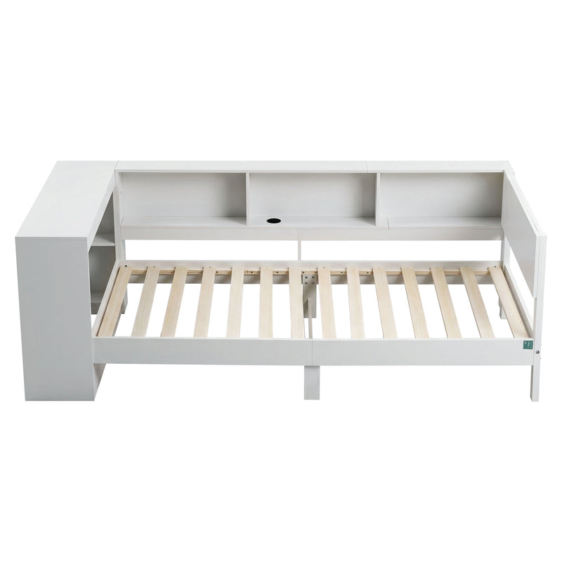 Artiss White Single Solid Wood Corner Platform Bed Frame with Built-in Desk, Storage Shelves and USB-C Charging Station for Small Spaces, Wooden Bed Base for Guest Room - Lucendi Home