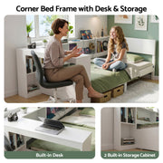 Artiss White Single Solid Wood Corner Platform Bed Frame with Built-in Desk, Storage Shelves and USB-C Charging Station for Small Spaces, Wooden Bed Base for Guest Room - Lucendi Home
