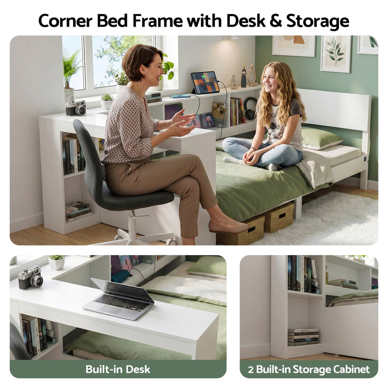 Artiss White Single Solid Wood Corner Platform Bed Frame with Built-in Desk, Storage Shelves and USB-C Charging Station for Small Spaces, Wooden Bed Base for Guest Room - Lucendi Home