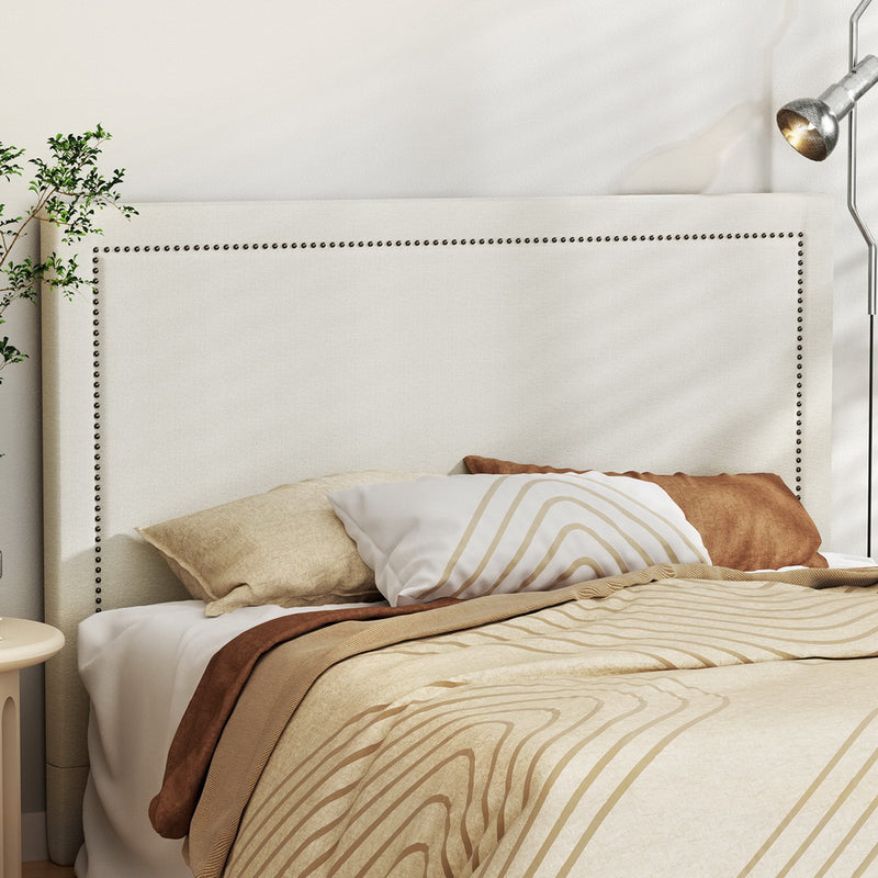 Beige Faux Linen Bedhead Queen - RIVE Nail-Edge Contemporary Headboard - Lucendi Home