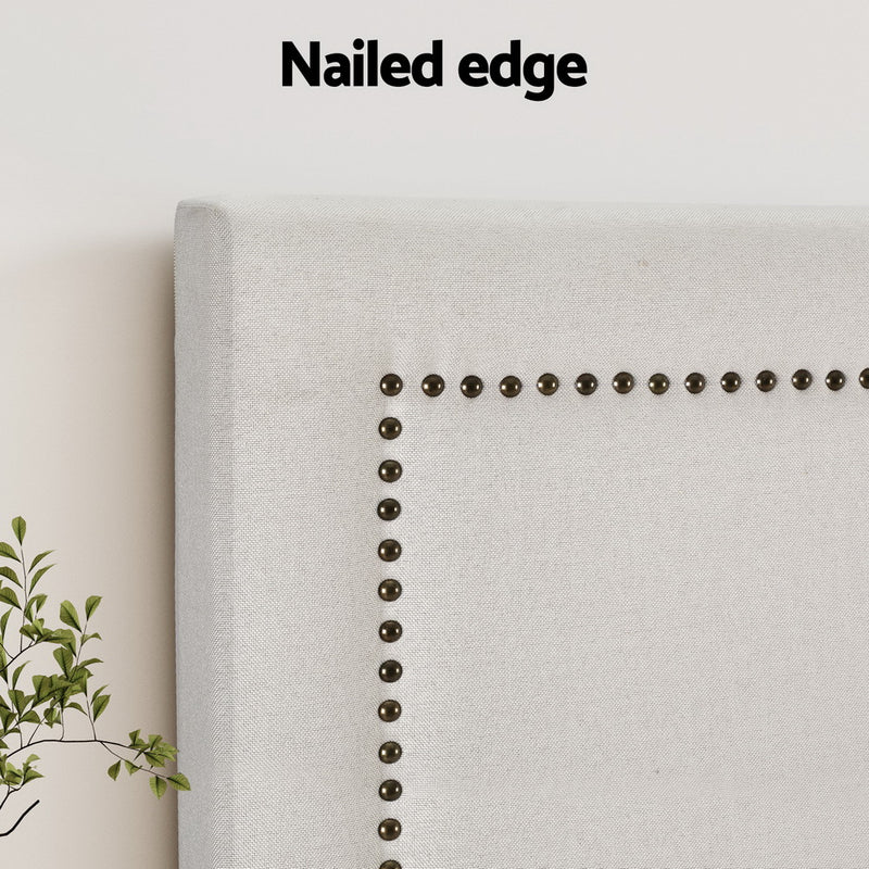 Beige Faux Linen Bedhead Queen - RIVE Nail-Edge Contemporary Headboard - Lucendi Home