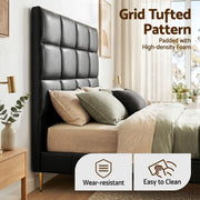 Charcoal Black PU Leather Bedhead Queen - Grid Tufted Wipeable Headboard - Lucendi Home