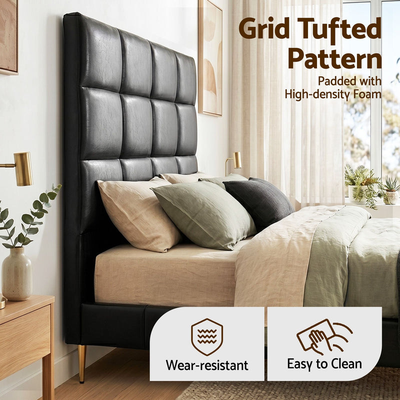 Charcoal Black PU Leather Bedhead Queen - Grid Tufted Wipeable Headboard - Lucendi Home