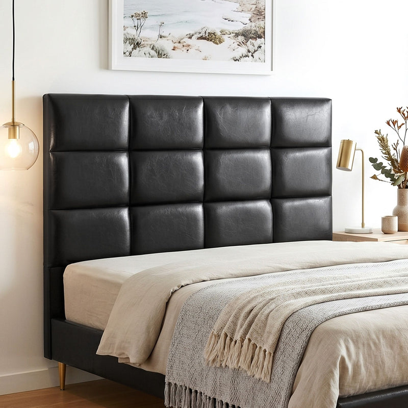 Charcoal Black PU Leather Bedhead Queen - Grid Tufted Wipeable Headboard - Lucendi Home