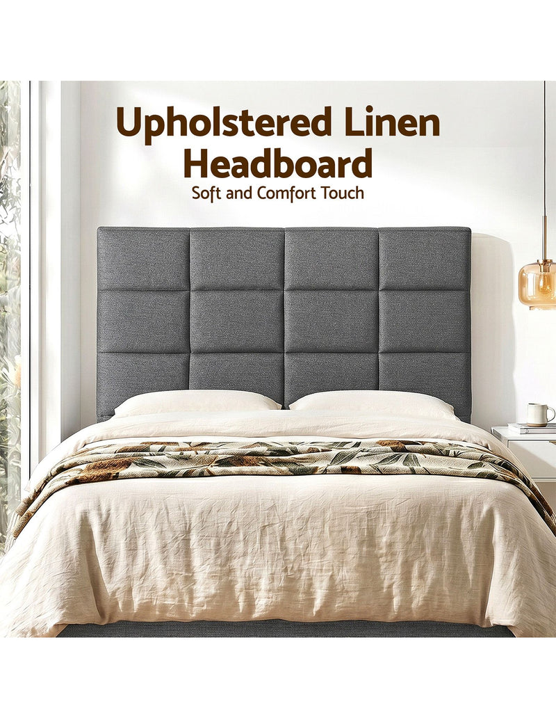 Charcoal Linen Bedhead Double - Art Deco Grid Tufted Headboard - Lucendi Home