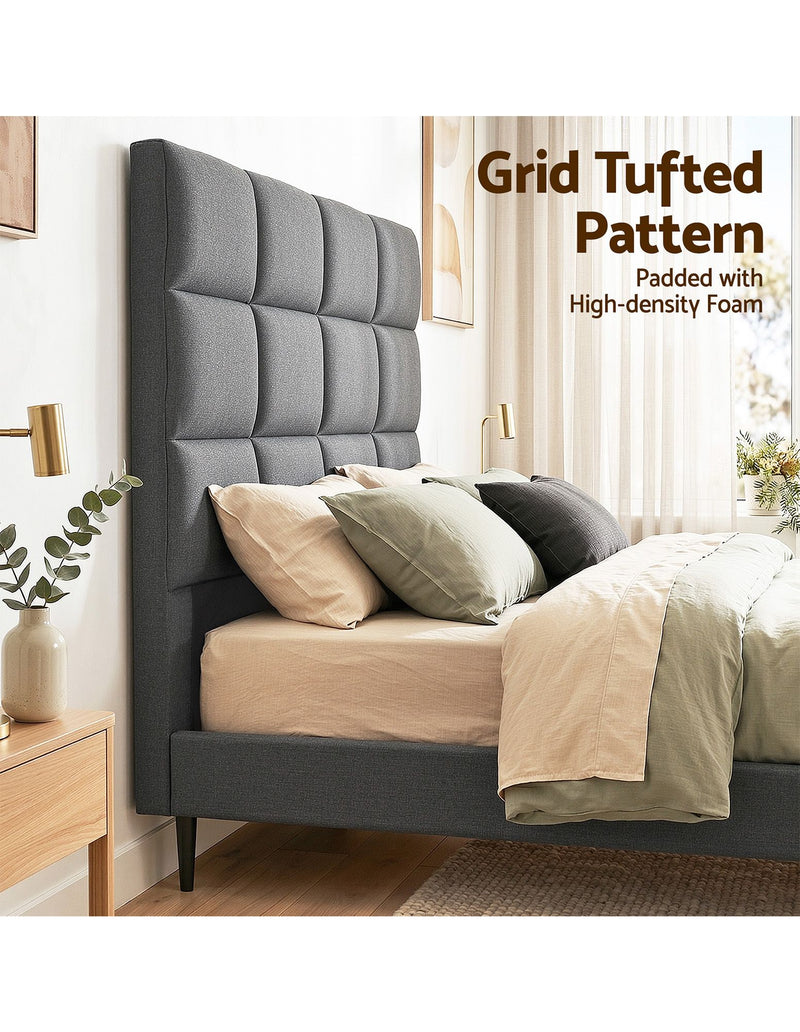 Charcoal Linen Bedhead Double - Art Deco Grid Tufted Headboard - Lucendi Home