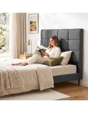 Charcoal Linen Bedhead Double - Art Deco Grid Tufted Headboard - Lucendi Home