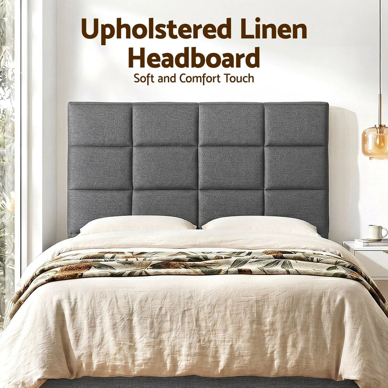 Charcoal Linen Bedhead Queen - Art Deco Grid Tufted Headboard - Lucendi Home