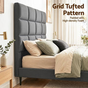 Charcoal Linen Bedhead Queen - Art Deco Grid Tufted Headboard - Lucendi Home