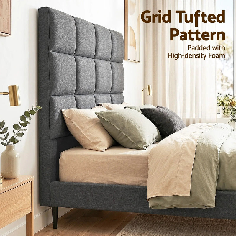 Charcoal Linen Bedhead Queen - Art Deco Grid Tufted Headboard - Lucendi Home