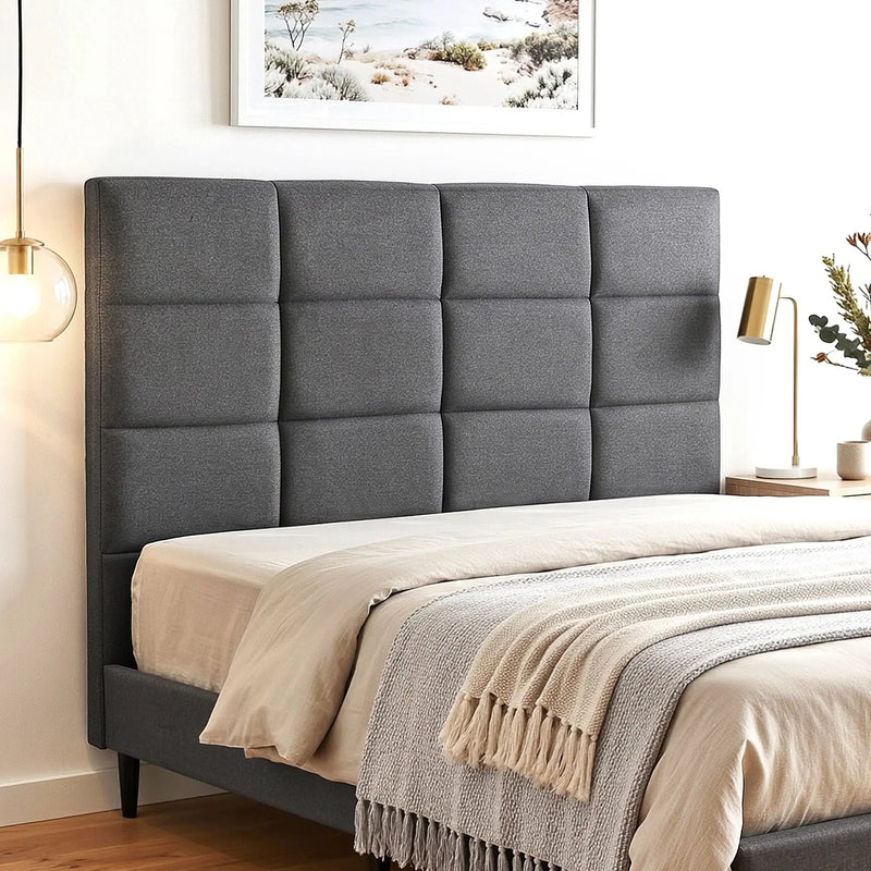 Charcoal Linen Bedhead Queen - Art Deco Grid Tufted Headboard - Lucendi Home