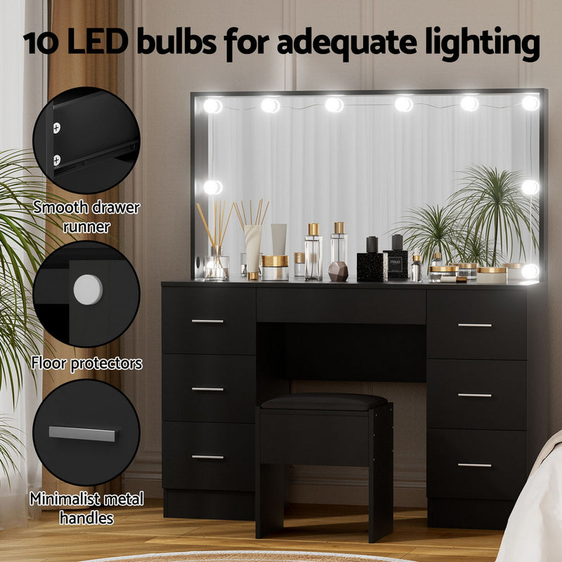 Artiss Dressing Table Vanity Desk Set Stool 10 Led Bulbs Black