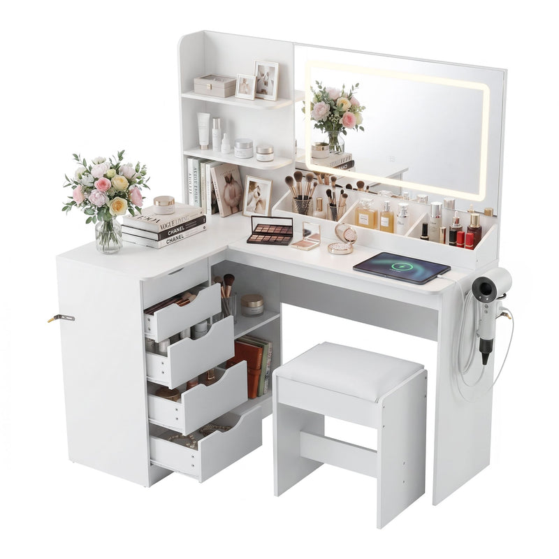 Artiss Dressing Table Corner Vanity Desk Set Stool LED Charging Station White