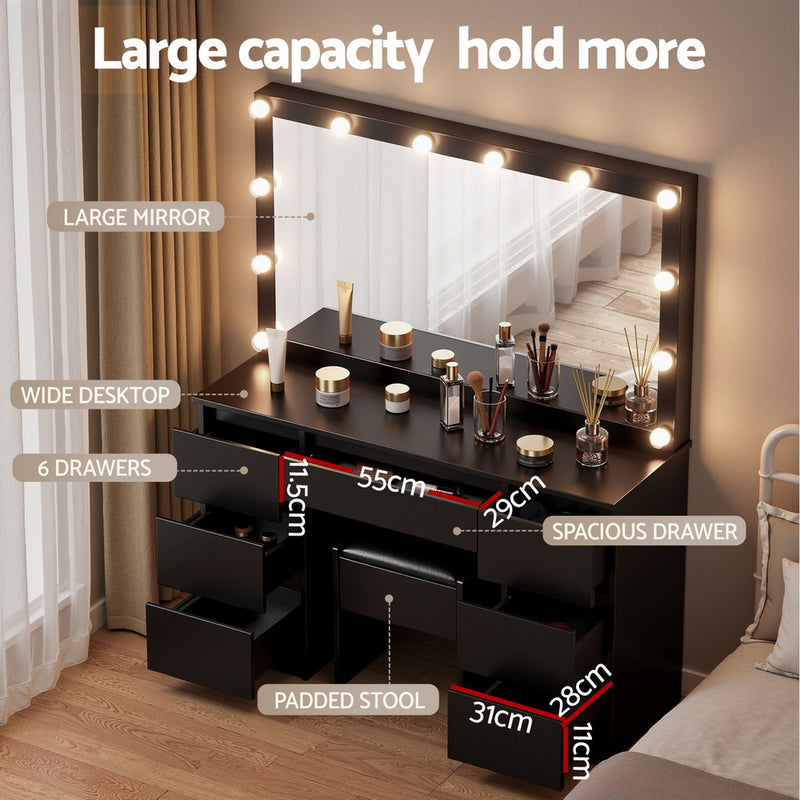 Artiss Dressing Table Vanity Desk Set Stool 12 Led Bulbs Black