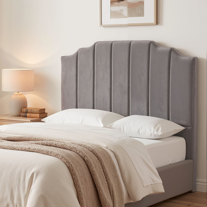 Grey Velvet Bedhead Double - Vela Art Deco Vertical Line Headboard - Lucendi Home