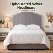 Grey Velvet Bedhead Double - Vela Art Deco Vertical Line Headboard - Lucendi Home