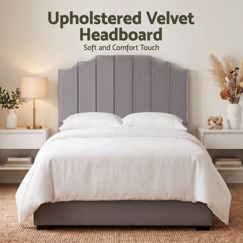 Grey Velvet Bedhead Double - Vela Art Deco Vertical Line Headboard - Lucendi Home